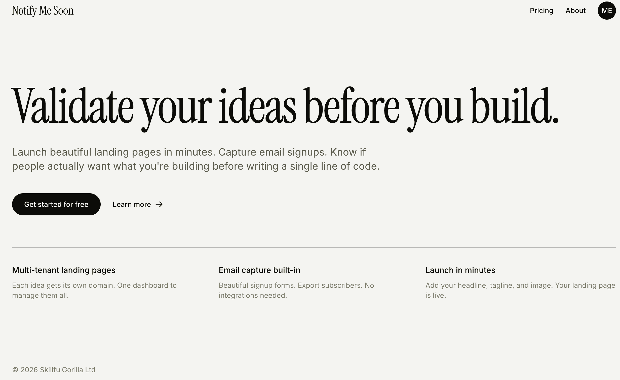 Catch landing page showing 'Validate your ideas before you build' headline