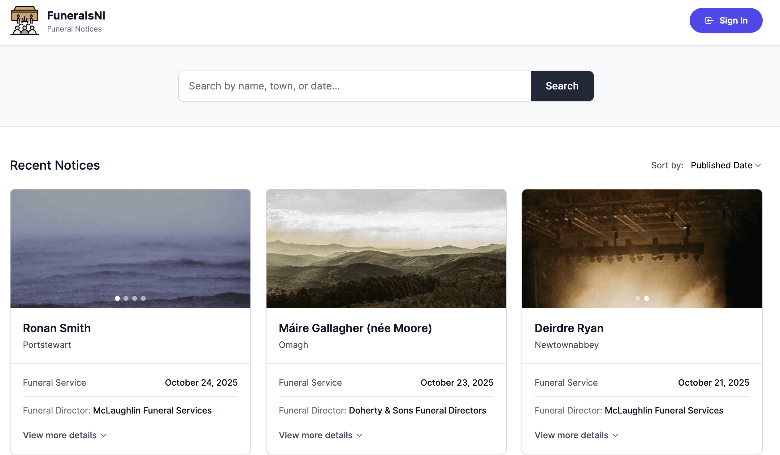 Funerals NI homepage showing recent funeral notices