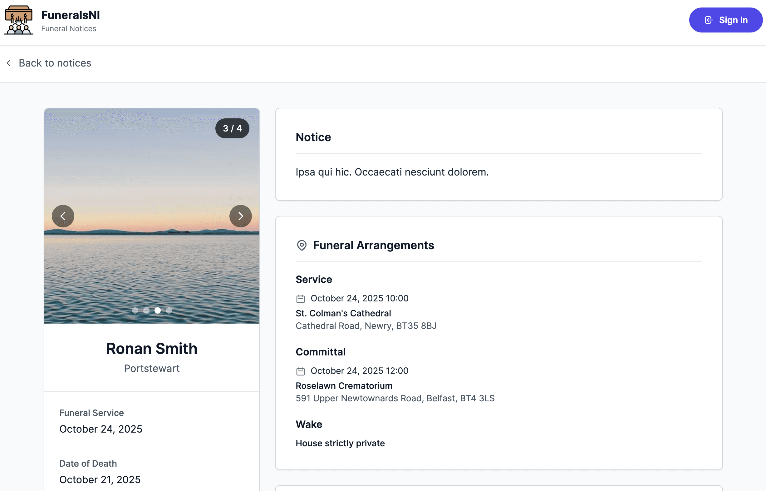 Individual funeral notice page with image gallery and details